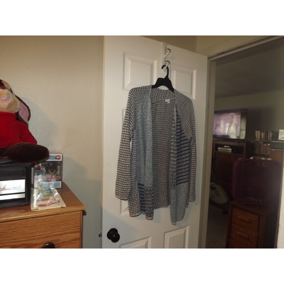 J Jill Cardigan Womens Medium Blue Striped Open Knit Sweater Casual Coastal - Picture 1 of 3